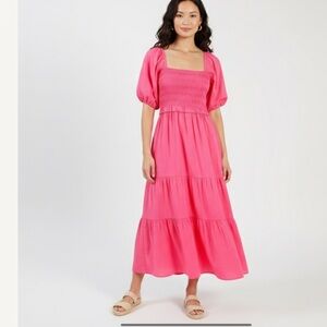 Xirena Smocked Puff Sleeve Tiered Pink Chiara Maxi Dress Small